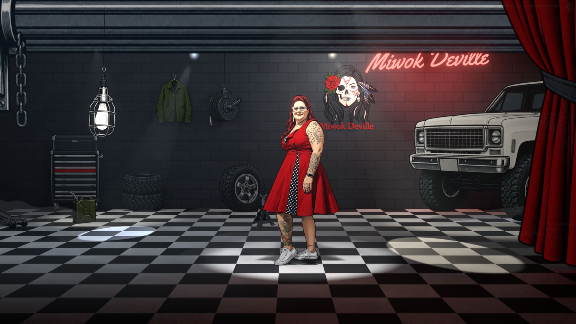 Naomi in a red polka-dot dress under a spotlight on the checkerboard floor of her garage at night, her truck Stella parked at the red curtain and a red neon Miwok Deville sign glowing on the block wall